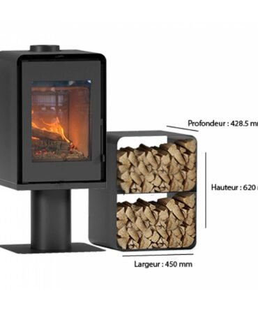 Poêle à bois Domino avec pied et range bûches 3 étages 7.5kW